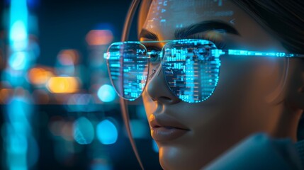 Data reflecting on eyeglasses on woman's face. Computrer programmer big data and ux designer concept