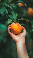 Wall Mural - Ripe peach held in hand, selecting peach with blurred background, copy space for text