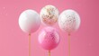 Set of pink, white and golden glossy balloons on the stick with sparkles on pink background. render for birthday, party,
