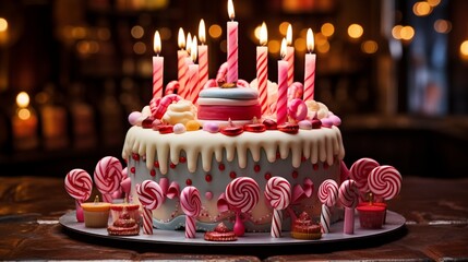 Wall Mural - Vintage candy shop cake with edible candies, lollipops, and candles shaped like candy canes.