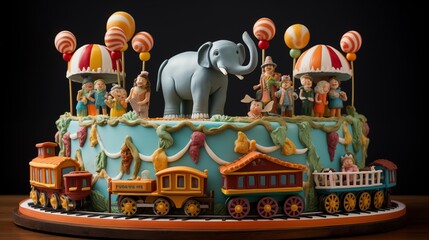 Wall Mural - Vintage circus train cake with edible circus animals, train cars, and candles shaped like train whistles, set against a background of rolling hills and circus tents.