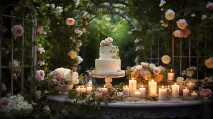 Wall Mural - Vintage garden party cake with edible roses, tea sandwiches, and candles shaped like garden lanterns, set against a background of blooming rose bushes and ivy-covered arbors.