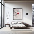 illustration of A bedroom with a bed white walls and a hanging paint, Generative ai