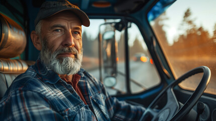 Wall Mural - caucasian man drive truck professional driver