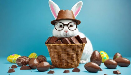 Wall Mural - Illustration of an Easter bunny with glasses and hat. Chocolate Easter Basket and Eggs.
