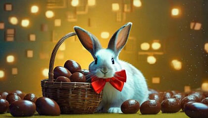 Wall Mural - Illustration of an Easter bunny with a red bow tie. Chocolate Easter Basket and Eggs.
