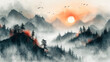 Sunrise landscape with misty forest, distant mountains and sunrise sky. Traditional oriental ink painting sumi-e, u-sin, go-hua.