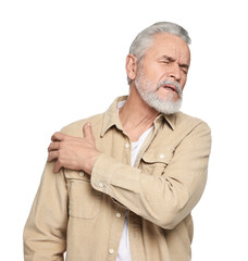 Wall Mural - Arthritis symptoms. Man suffering from pain in shoulder on white background