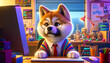 A cartoon Akita Inu dog is concentrating at a computer and learning how to program. The concept of learning and science