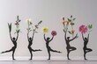 Female forms in yoga poses, with each posture accented by different flowers, illustrating balance and wellness