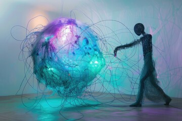 Wall Mural - A human figure made of colorful wires connected to an oversized ball that is covered in light blue and purple hues in a lighted neon room
