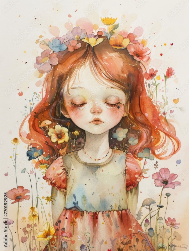 Floral watercolor portrait of a girl with flowers in hair - Ethereal ...