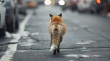 The Furry Back Of A Fox As It Navigates A City Street Its Bushy Tail Held High And Alert.