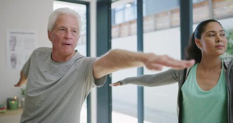 Canvas Print - Physiotherapist, yoga and senior man in rehabilitation exercise, workout and healing posture with balance pose. Healthcare, wellness and physical therapist helping elderly patient in pilates studio