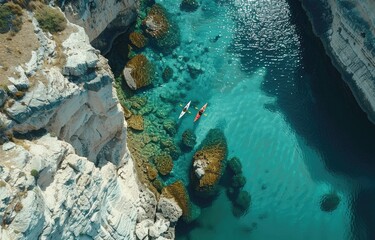Wall Mural - aerial view of two yellow kayakers sailing two kayak small sailing boats across a big turquoise colored lake between two big mountain rocks