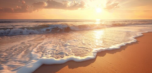 Wall Mural - Beautiful beach with golden sand and sea waves bursting at the shore at sunset