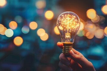 Poster - Hand holding a vibrant incandescent lightbulb - A vivid image portraying a hand lifting a glowing incandescent bulb against a bokeh light background, evoking warmth