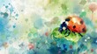 © Tida - Ladybug on a leaf with a watercolor backdrop - Illustration of a ladybug exploring a leaf with a watercolor splash background