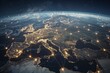 Night view of Europe from orbit with illuminated cities and communication lines