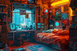 Craft an AI-generated image of a small room interior with an otherworldly, futuristic ambiance