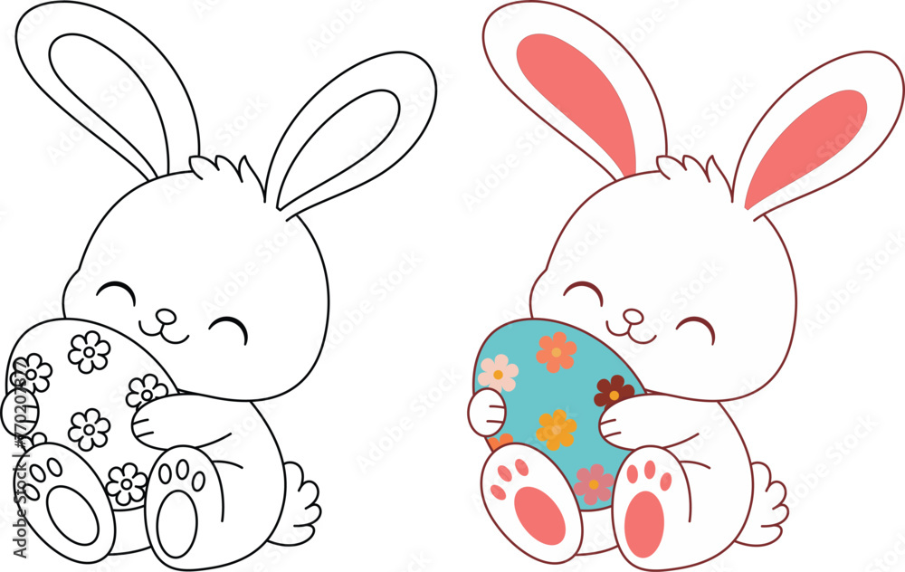 Cute kawaii bunny is hugging a decorated Easter egg cartoon character ...
