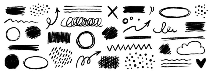 Aufkleber - Chalk color pencil texture brush dot stroke vector element. Children crayon color brush stroke texture arrow, circle, underline shape. Hand drawn childish chalk pencil scribble. Vector illustration
