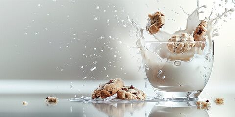 Milk splash in glass. Cookies and splash of milk, banner with copy space. Concept healthy tasty breakfast.