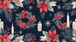 Festive seamless pattern with Christmas wreaths, candles, and poinsettias for elegant holiday decor. Seamless Pattern, Fabric Pattern, Tumbler Wrap.