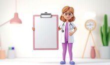 3d Render. Woman Doctor Cartoon Character Stands Near The Big Clipboard With White Paper. Clip Art Isolated On White Background. Professional Medical Consultation. Prescription Blank, Generative AI 
