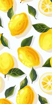 Juicy Yellow Lemon Pattern on White background l Cute Bright clean fresh Fruit wallpaper Design l freshness lemon slice with green leaf illustration art l Bright Color Warm Mood