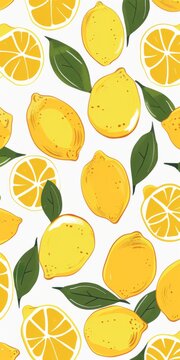 Juicy Yellow Lemon Pattern on White background l Cute Bright clean fresh Fruit wallpaper Design l freshness lemon slice with green leaf illustration art l Bright Color Warm Mood