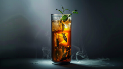 Professional food photography, a soda can styled container filled with herbal iced tea , studio light