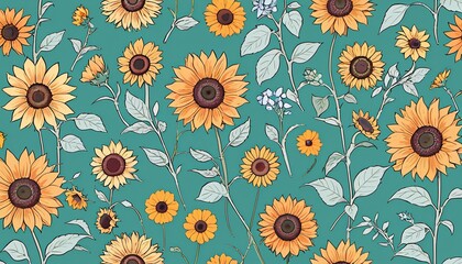 Wall Mural - Seamless Pattern of Sunflowers on Green Background: A Spring and Summer Concept