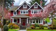 Classic large craftsman house exterior in red and white during spring,Nice and comfortable neighborhood Houses behind the wooden fence in the suburbs of Vancouver,House with nicely trimmed front yard