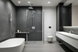 Modern bathroom interior with minimalistic shower and lighting, white toilet, sink and bathtub