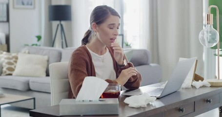 Poster - Woman, sick and tissue with sneeze or laptop in lounge of house for remote work, influenza and cold. Entrepreneur, person and technology with allergy, ill or running nose in living room or apartment