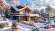 3d rendering of modern cozy house in chalet style with garage. The first warm spring rays of the sun melt the snow and icicles. Flowers and grass make their way through the snow,Beautiful wooden hous.