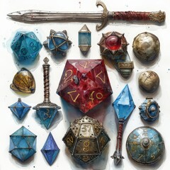 Wall Mural - Intriguing Close-Up of D20 Dice and Fighter's Tools: Sword, Shield, Armor, and Medieval Weapons in Gold and Silver Watercolor for Gameroom Wall Art
