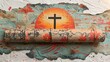 An Easter vigil candle wrapper featuring the cross against the sunrise