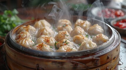 Wall Mural - Dumplings, versatile pockets of dough filled with savory or sweet fillings, boiled, steamed, or fried, enjoyed worldwide for their comforting taste.
