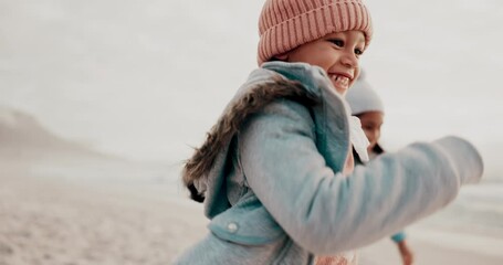 Poster - Girls, beach and running with vacation, smile and happiness with weekend break and summer. Sisters, seaside and siblings with fun and playing with holiday and journey with adventure and travelling