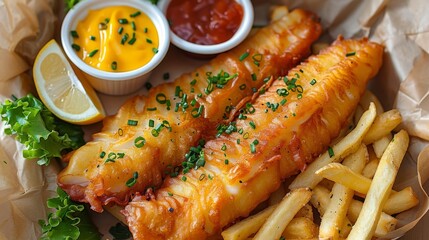 Wall Mural - Fish and chips, A classic dish featuring crispy battered fish served with golden fries. Iconic flavors and satisfying crunch.
