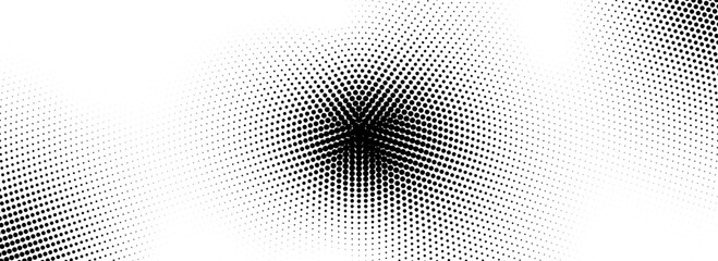 Aufkleber - Radial halftone comic grunge texture. Abstract circle dotted line background. Black pop art dot gradient backdrop. Retro cartoon for poster, overlay, cover, print. Vector noise grain pattern wallpaper