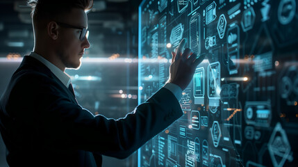 Poster - businessman interacting with virtual AI technology