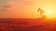 An oil pumpjack rig extracting crude oil in the middle of a field during a golden sunset