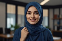 Hyper Realistic Cinematography Of A Beautiful Smilling Woman Wearing Draped In Hijab Being Enterpreneuer Influencer In A Office With Bokeh Background
