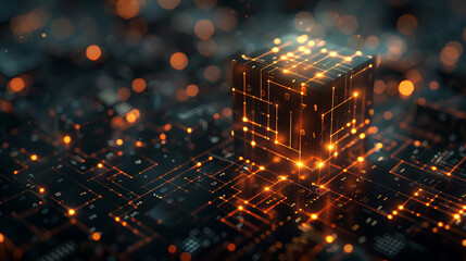 Poster - abstract cyber tech background, brown glowing binary circuit lines on 3d black cube, futuristic technology wallpaper, computer motherboard, backdrop for modern tech business presentation or banner