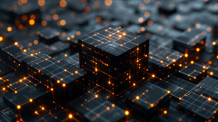 Poster - abstract cyber tech background, brown glowing binary circuit lines on 3d black cube, futuristic technology wallpaper, computer motherboard, backdrop for modern tech business presentation or banner