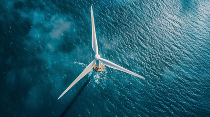 Poster - aerial view of a modern wind turbine in ocean, eco friendly green energy 