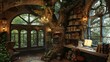Treehouse Study Nook: Cozy Study Room Built on Old Tree with Bookshelves, Table, Dome-like Windows, and Dim Lighting

